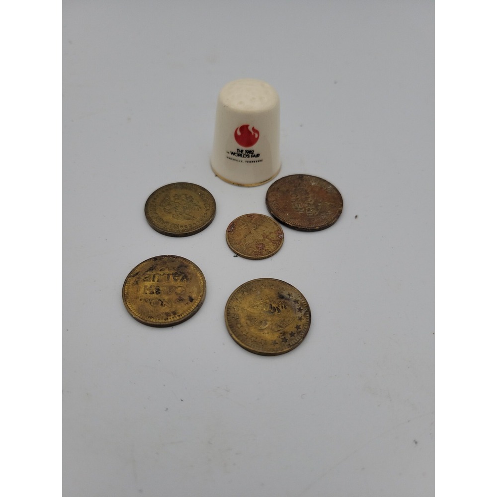 1982 Worlds Fair Knoxville Vintage Porcelain Thimble + Bonus Trinkets Tokens